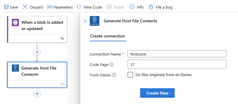Screenshot showing Generate Host File Contents action's connection properties.