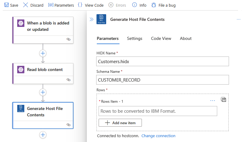 Screenshot shows the Generate Host File Contents action with selected HIDX file and schema.