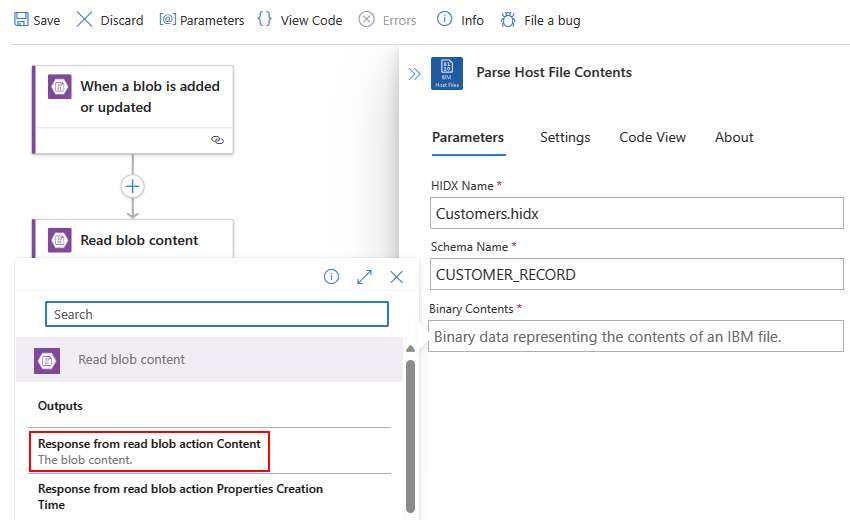Screenshot shows the Parse Host File Contents action, dynamic content list, and selecting binary data to read from JSON file in Blob Storage account.
