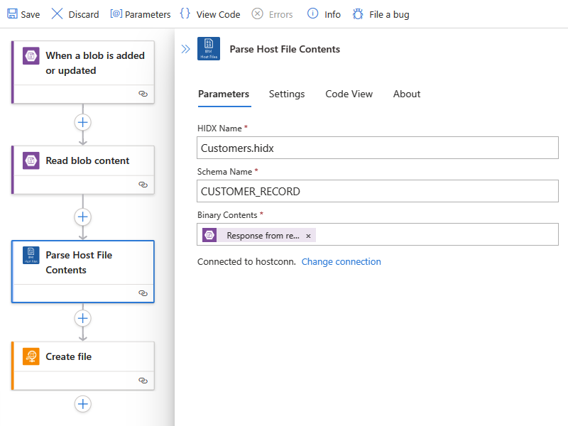 Screenshot shows the completed Parse Host File Contents action.