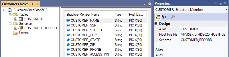 Screenshot shows Visual Studio and the host file schema in the HIDX file.