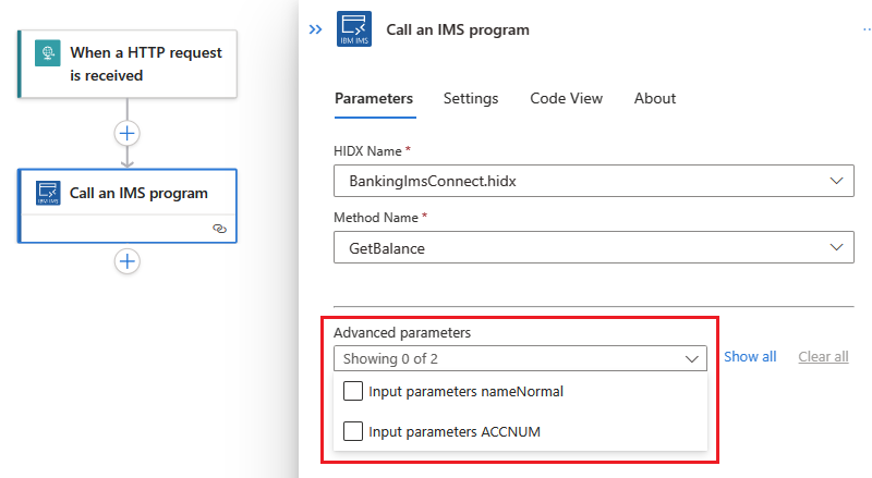 Screenshot shows IMS action with all parameters.