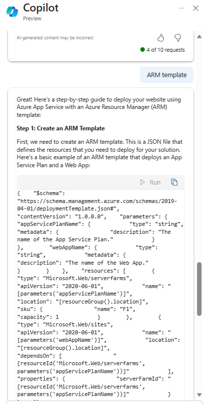 Capture d’écran montrant Microsoft Azure Copilot créant un modèle ARM.