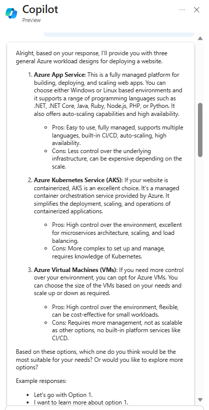 Capture d’écran montrant des options de conception proposées par Microsoft Azure Copilot.