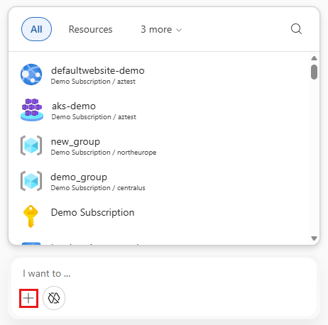 Capture d’écran montrant l’option d’ajout d’entités à une conversation Azure Copilot.