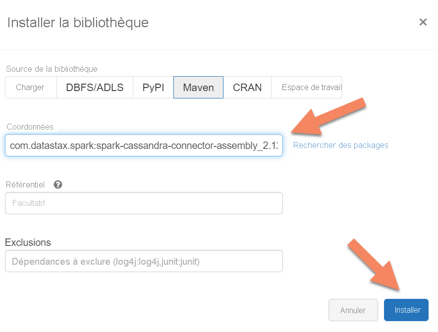 Capture d’écran montrant la recherche de packages Maven dans Azure Databricks.
