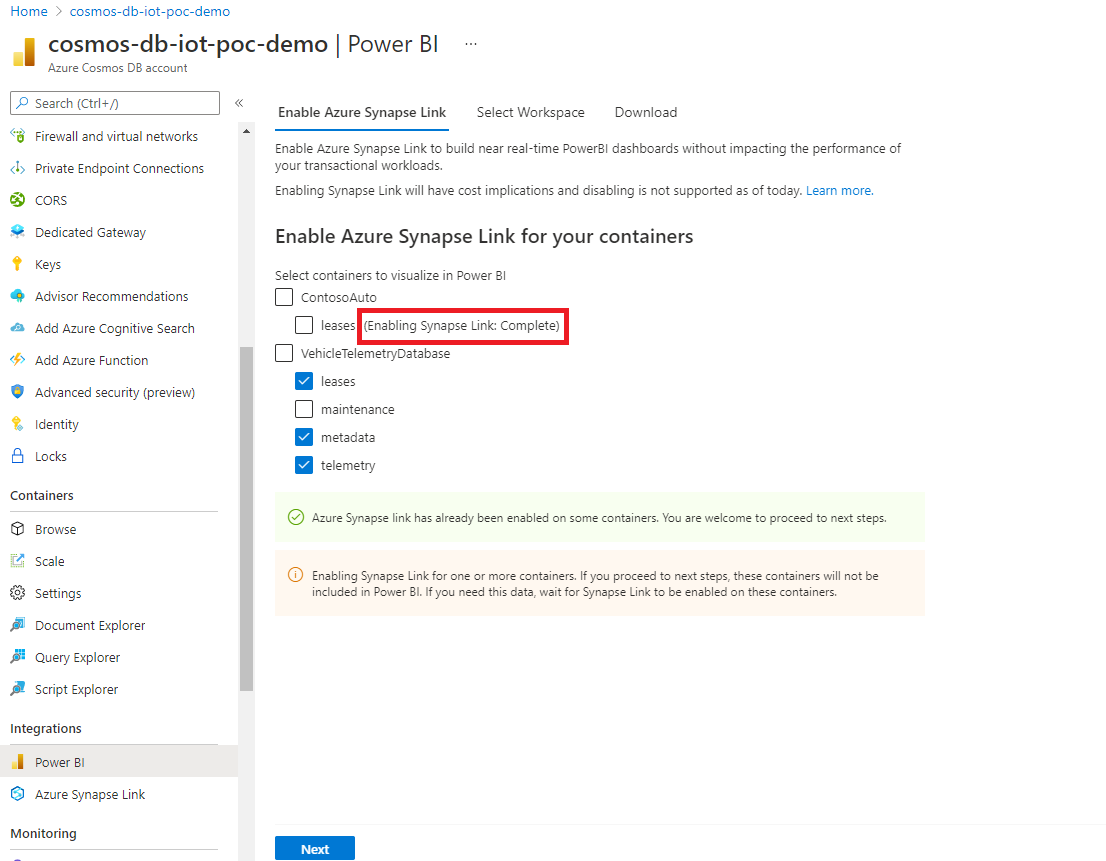 Synapse Link activé avec succès sur les conteneurs sélectionnés.
