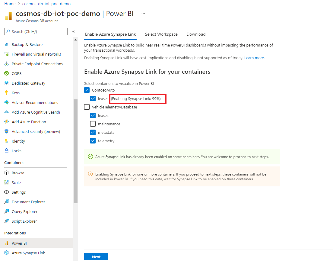 Progression de l’activation de Synapse Link sur des conteneurs existants.