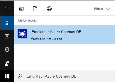 Sélectionnez le bouton Démarrer, ou appuyez sur la touche Windows, commencez à taper émulateur Azure Cosmos DB, puis sélectionnez l’émulateur dans la liste des applications