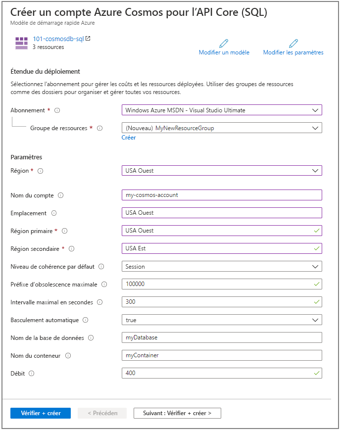 Modèle Resource Manager, intégration d’Azure Cosmos DB, portail de déploiement