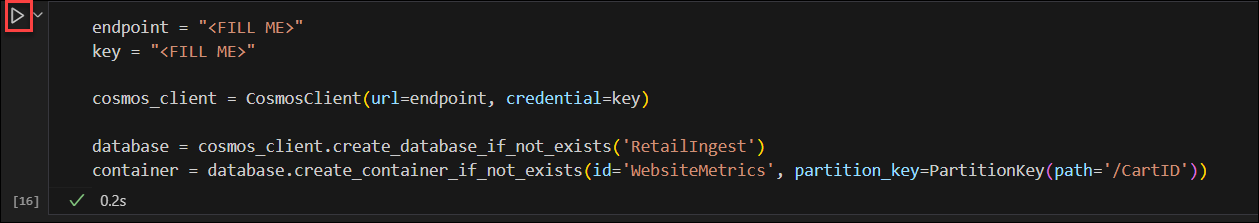 Capture d’écran du bouton Exécuter la cellule dans un notebook Jupyter Visual Studio Code.