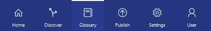 Menu de navigation du catalogue de données, avec l’onglet glossaire mis en surbrillance.