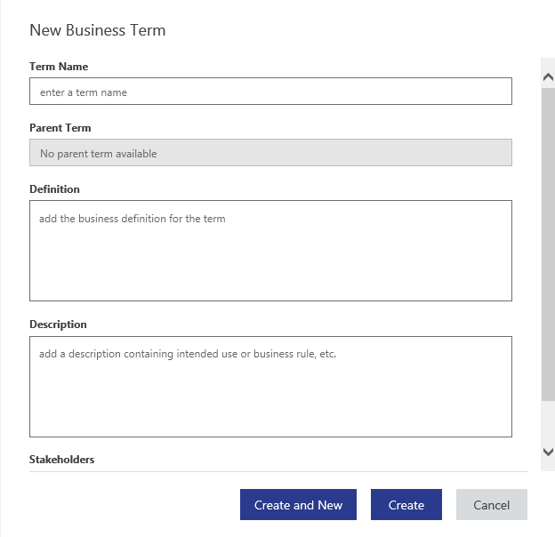 Le nouveau menu de termes métier, qui inclut des informations? telles que le nom du terme, le terme parent, la définition, la description et les parties prenantes. Les informations sont modifiables.