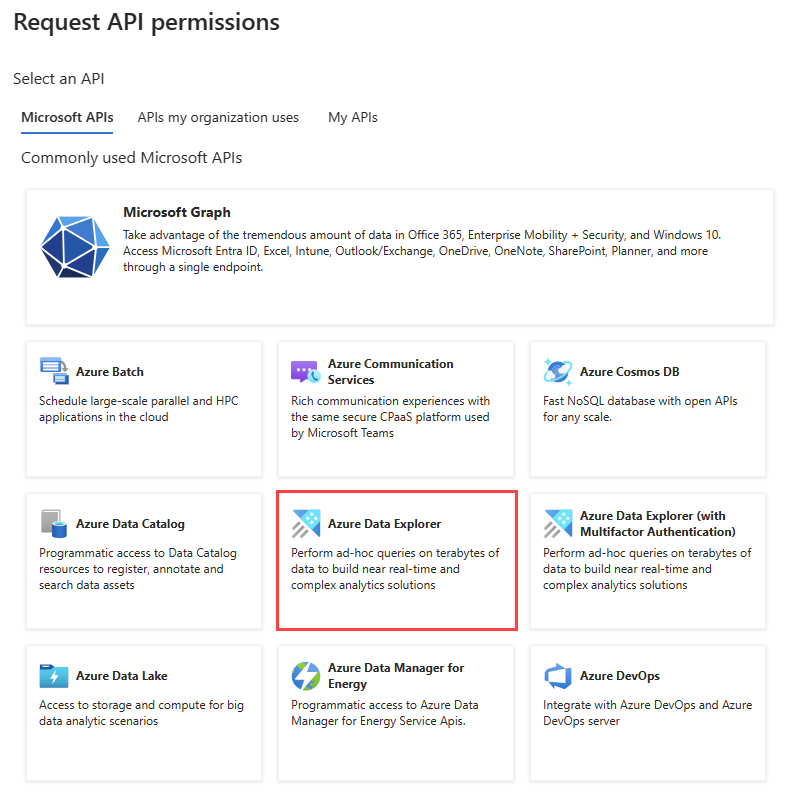 Capture d’écran montrant comment ajouter une autorisation d’API Azure Data Explorer.