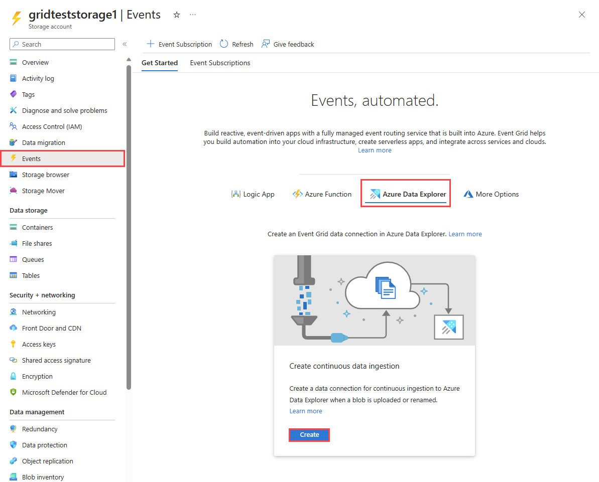 Capture d’écran de la page Événéments du compte de stockage Azure montrant l’onglet Azure Data Explorer.