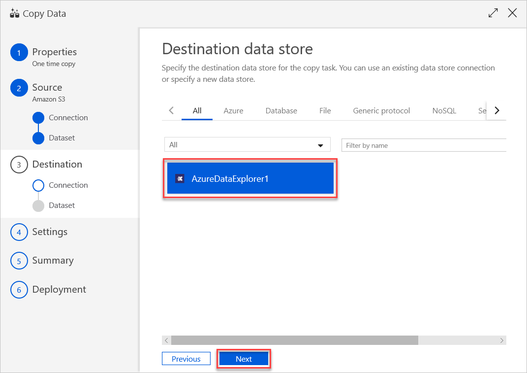 Volet « Banque de données de destination » dans Azure Data Explorer