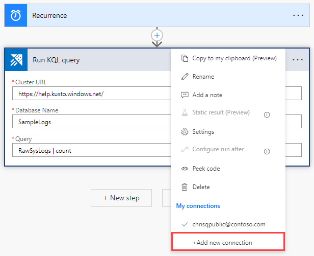 Capture d’écran de la connexion Azure Data Explorer, montrant l’option d’authentification.