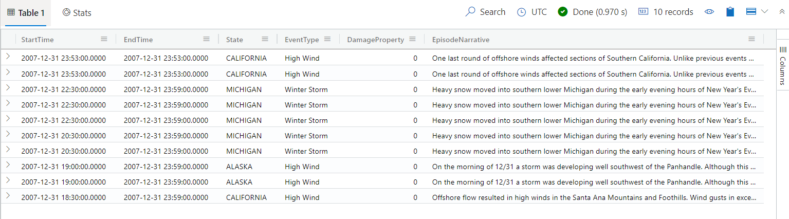 Capture d’écran d’une table qui liste l’heure de début, l’heure de fin, l’état, le type d’événement, les dommages et la description des épisodes pour 10 événements orageux dans l’interface utilisateur web Azure Data Explorer.