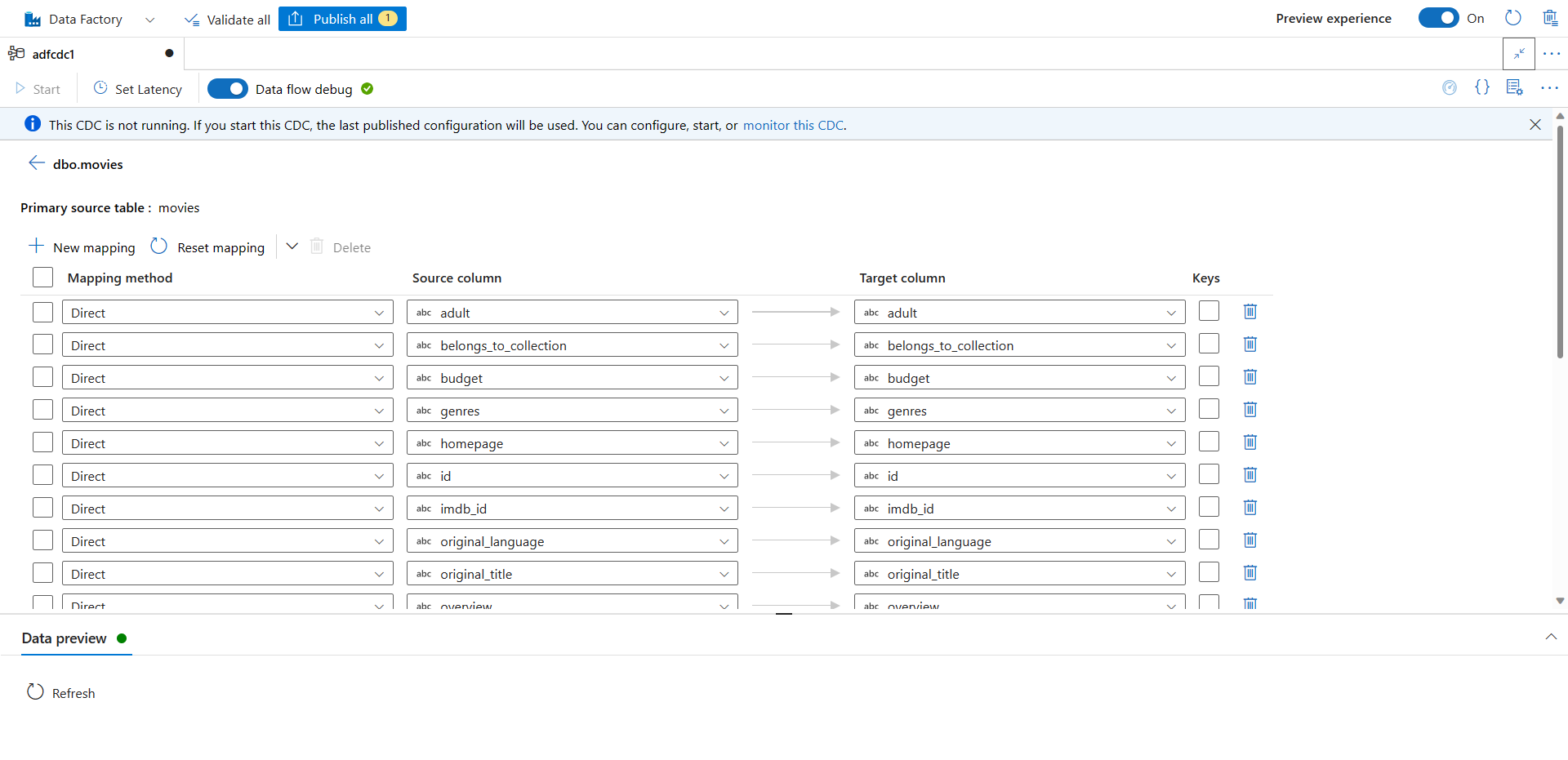 Screenshot of the page for editing column mappings.