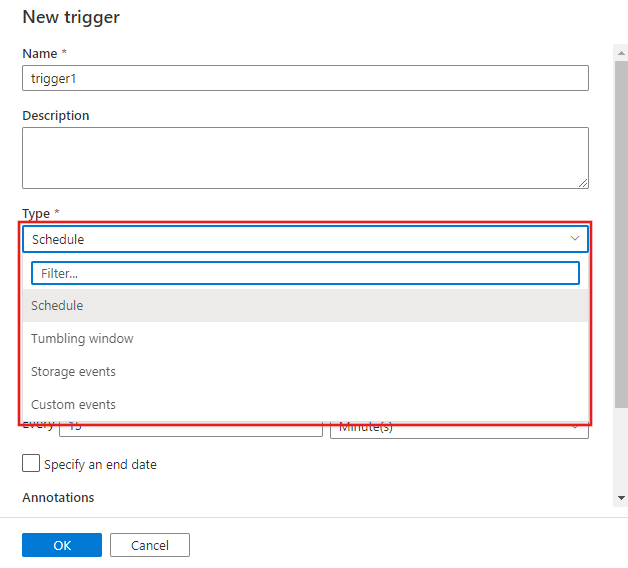 Shows the new trigger configuration window with the type dropdown showing the various types of triggers you can create.