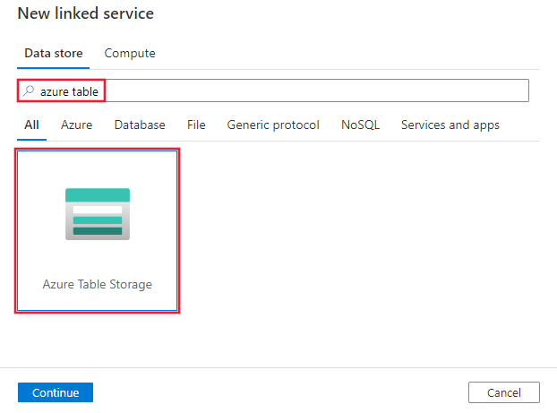 Screenshot of the Azure Table storage connector.