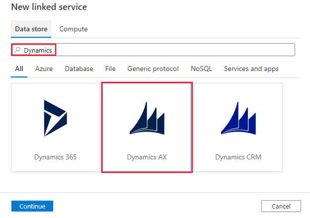 Select the Dynamics AX connector.