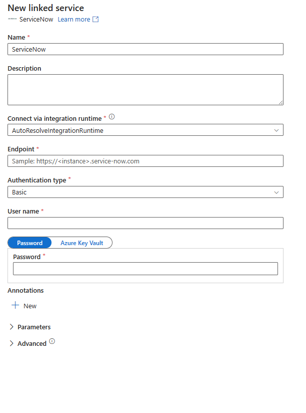 Configure a linked service to ServiceNow.