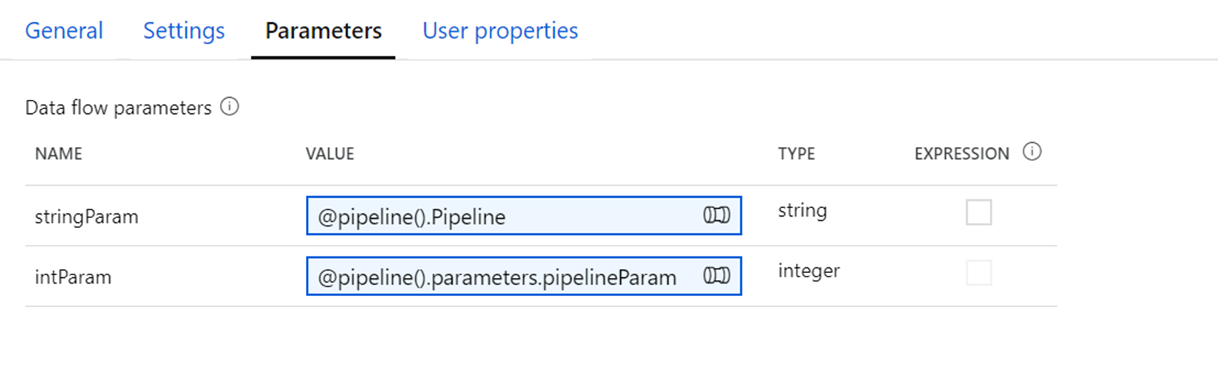 Capture d’écran montrant l’onglet Paramètres avec les paramètres nommés stringParam et intParam.