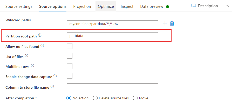 Capture d’écran des paramètres du fichier source de la partition dans la transformation de la source du flux de données de mappage.