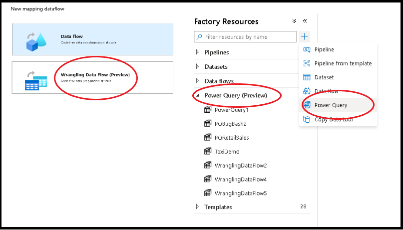 Capture d'écran qui affiche Power Query dans le volet des ressources de la fabrique.