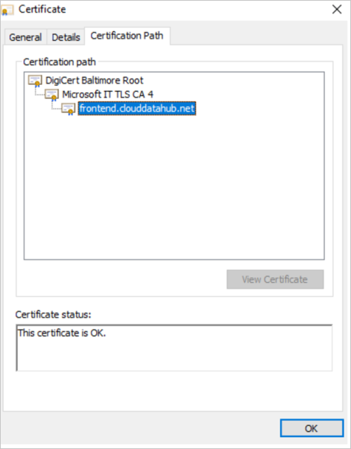 Capture d’écran de la fenêtre de vérification du chemin d’accès de certification du serveur.
