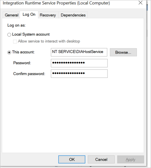 Capture d’écran du volet des propriétés du compte de service d’ouverture de session.