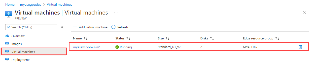 Screenshot showing the Virtual Machines pane of an Azure Stack Edge device. The Virtual Machines label and a virtual machine entry are highlighted.