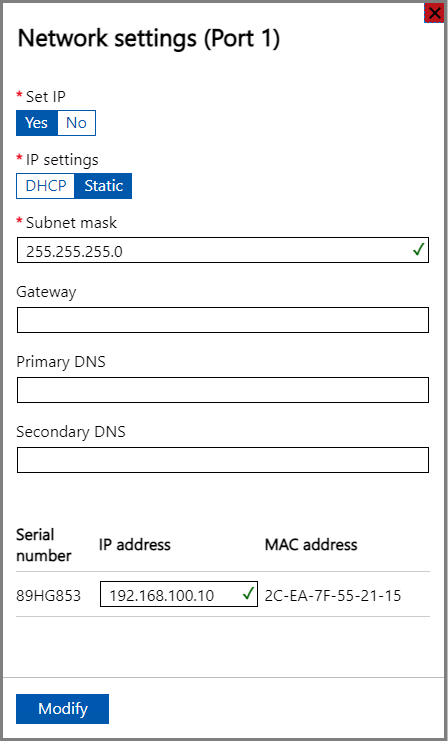 Interface utilisateur web locale, « Paramètres réseau du Port 1 »