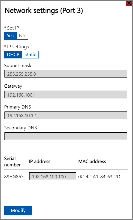 Interface utilisateur web locale, « Paramètres réseau du Port 3 »
