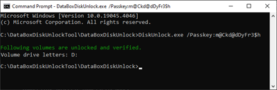 Capture d’écran illustrant une réponse réussie de l’outil de déverrouillage Data Box Disk contenant la lettre de lecteur attribuée.