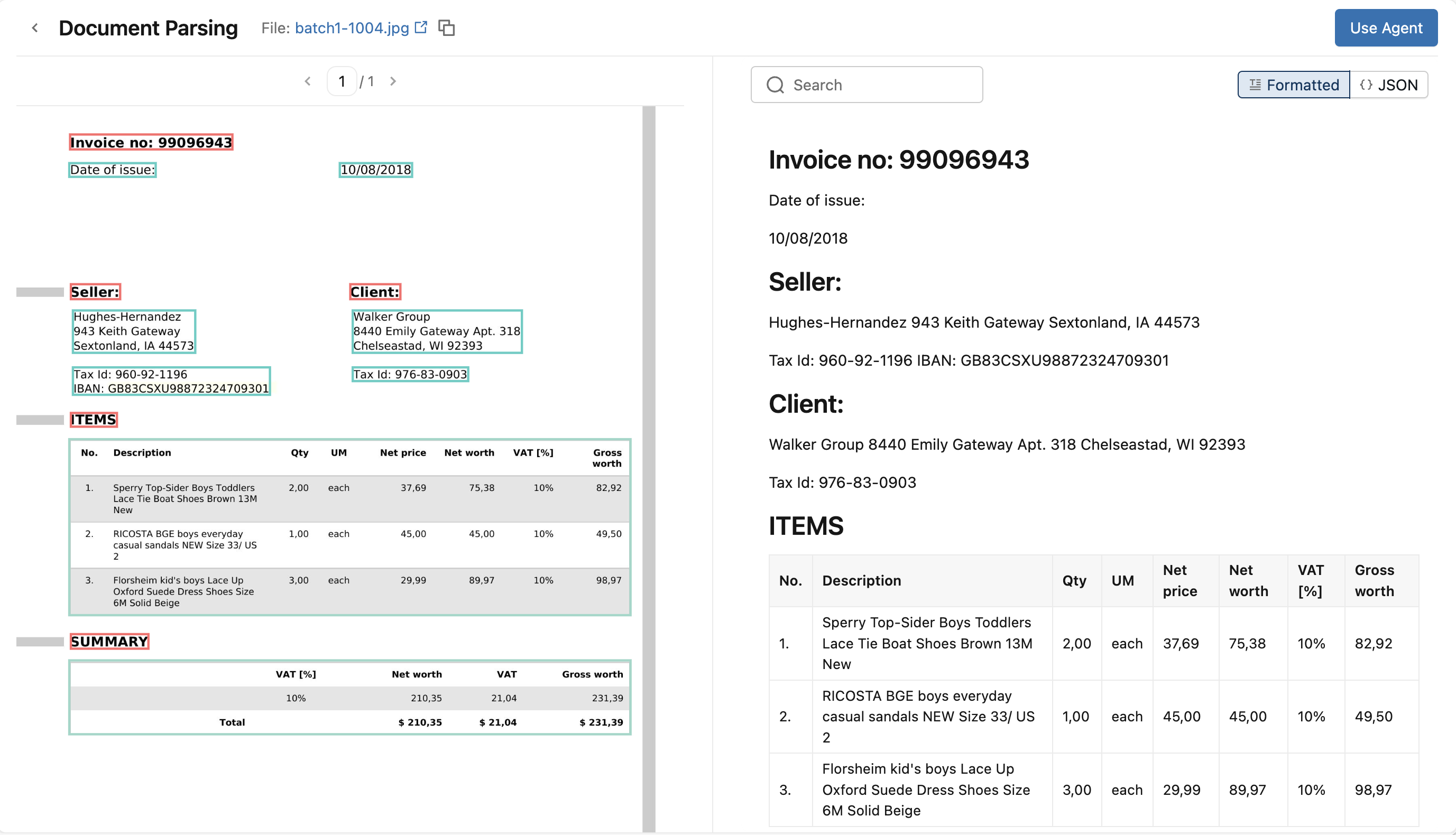 Interface utilisateur d’analyse de document montrant le document source et analysé côte à côte