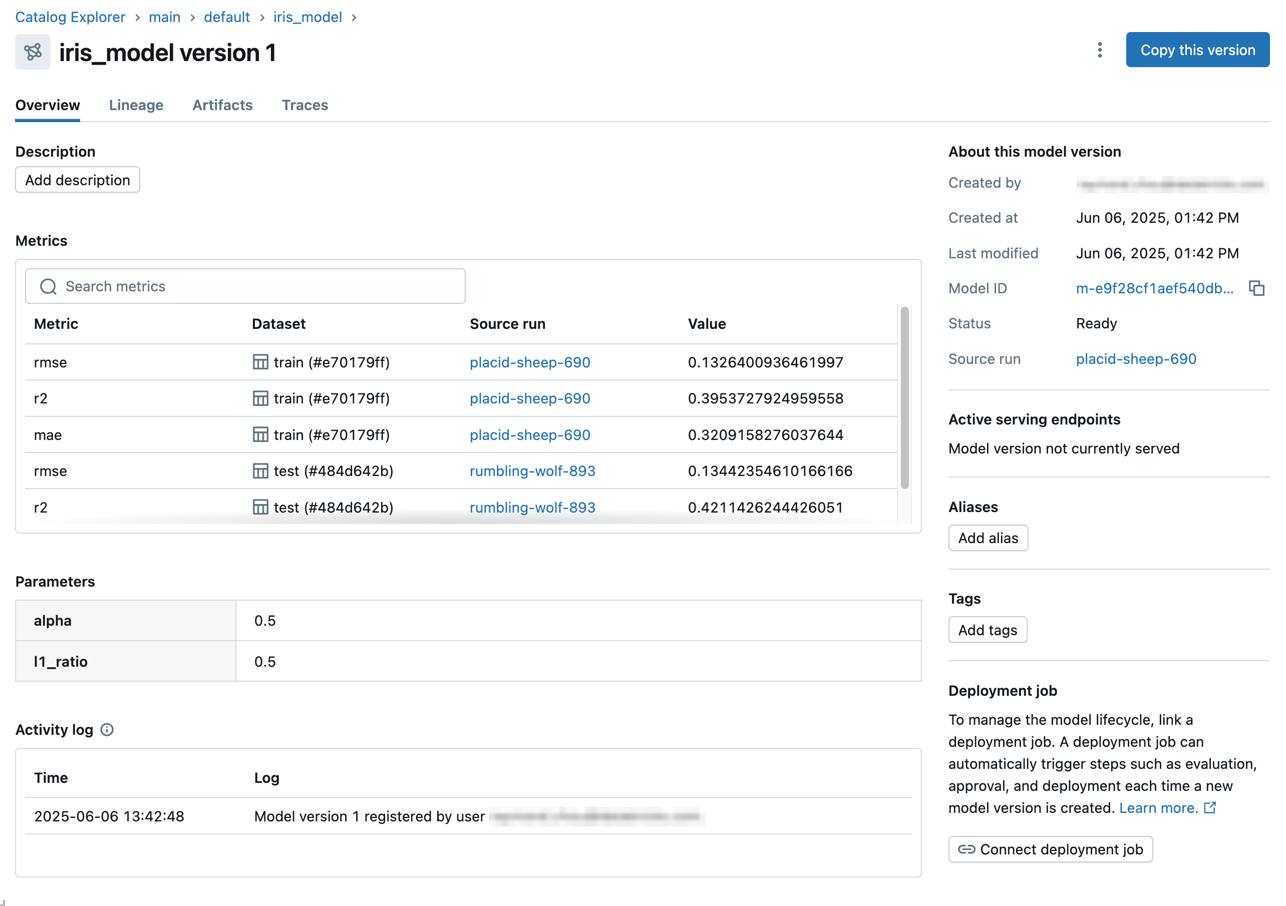 Page de version du modèle MLflow 3