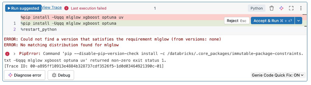 Capture d’écran de l’interface utilisateur de résolution de bogues inline de Genie Code.
