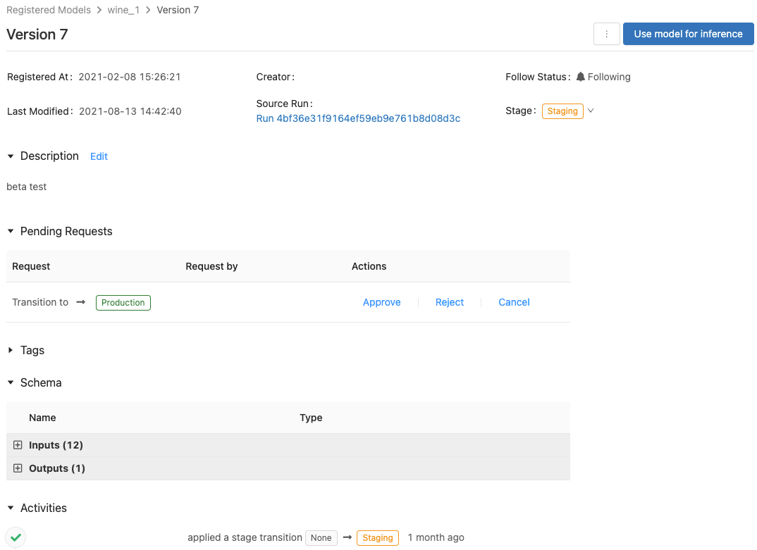 Page de version du modèle MLflow 2.x