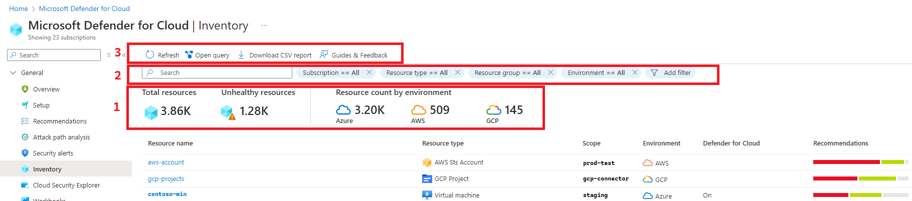 Capture d’écran qui montre les principales fonctionnalités de la page d’inventaire des ressources dans Microsoft Defender for Cloud.