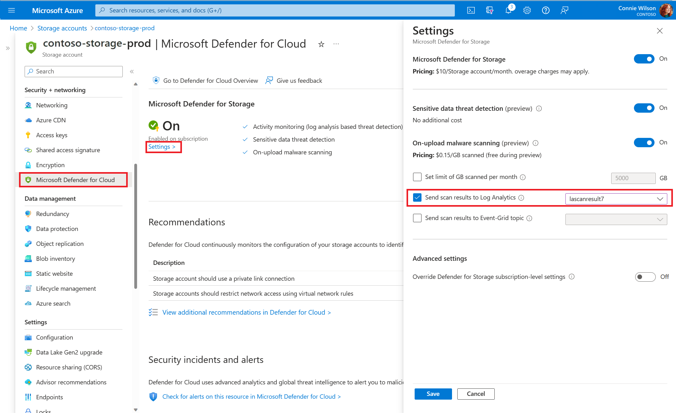 Capture d’écran montrant où configurer une destination Log Analytics pour les journaux d’analyse.