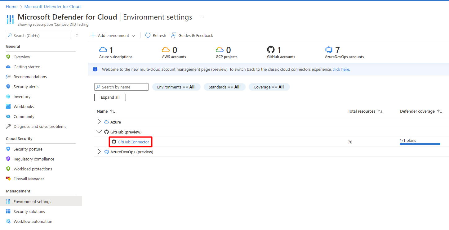 Capture d’écran montrant la page des paramètres d’environnement avec le connecteur GitHub maintenant connecté.
