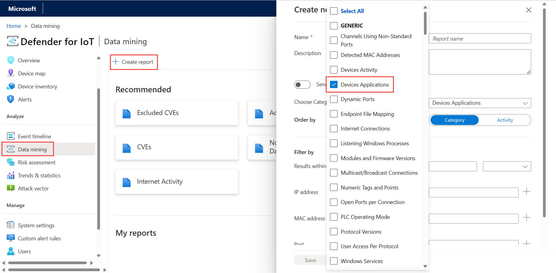 Capture d’écran de la création du rapport personnalisé sur les applications d’appareils.
