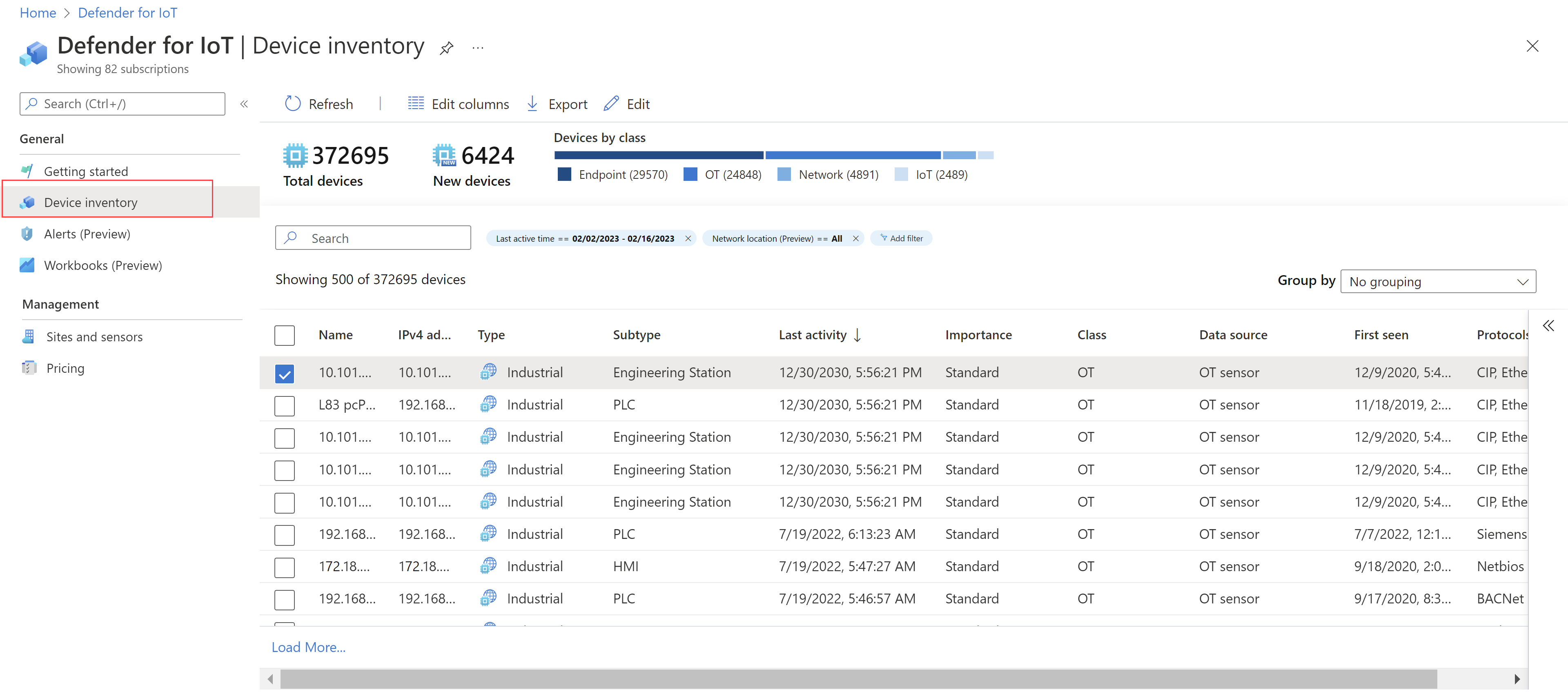 Capture d'écran de la page d'inventaire des appareils dans le portail Azure.