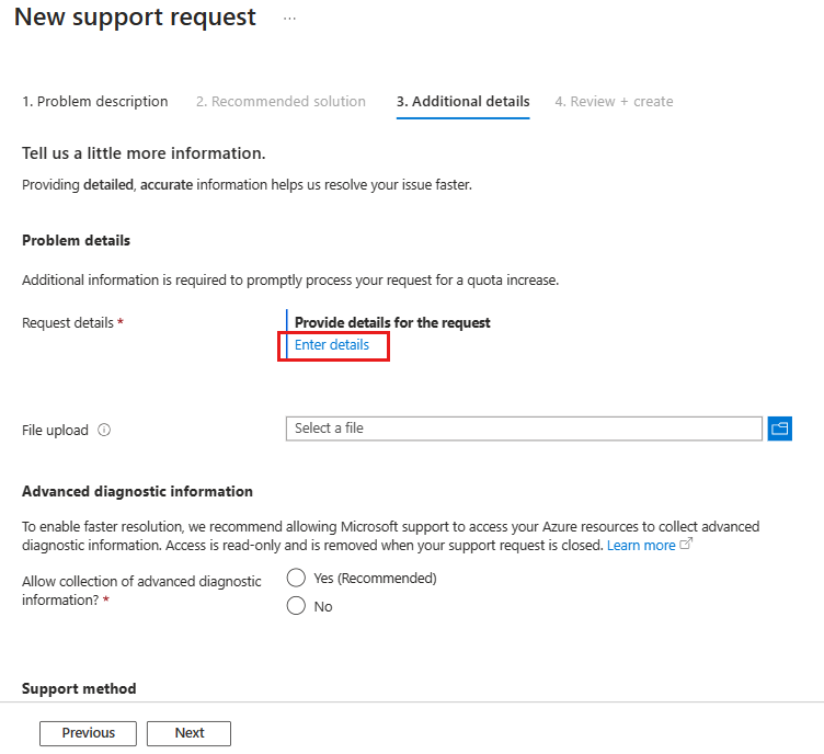Screenshot showing the additional details tab for a new support request with the Enter details link highlighted.