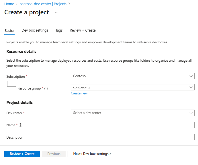 Screenshot that shows the Basics tab on the pane for creating a dev box project.