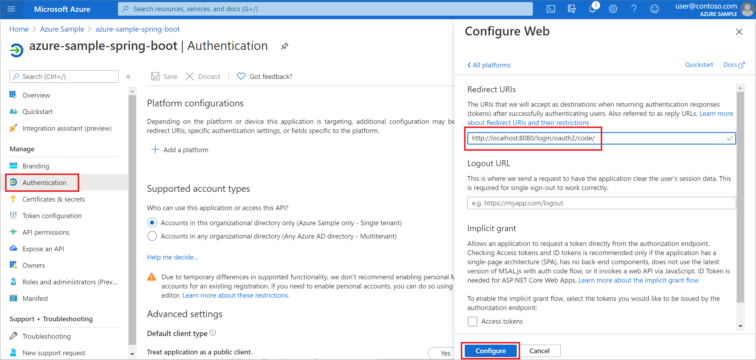 Capture d’écran de l’écran d’authentification de l’application avec la section « Configurer le web » montrant et « URI de redirection » mis en évidence.