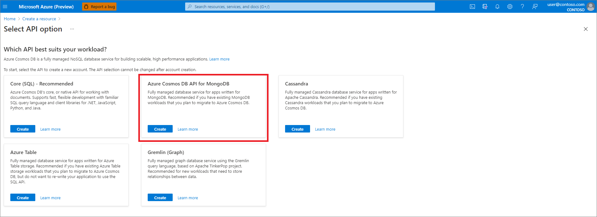 portail Azure, créez une ressource, sélectionnez l’option API, Azure Cosmos DB pour MongoDB sélectionné.