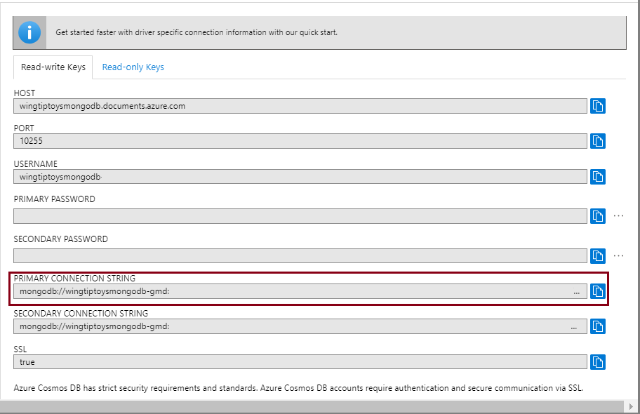 Récupérer votre chaîne de connexion Azure Cosmos DB.